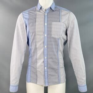 LANVIN White Blue Navy Patchwork Stripe Cotton One Pocket Long Sleeve Shirt